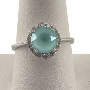Elegant Silver Ring With Fluroite Stone & Crystal Halo Size 9